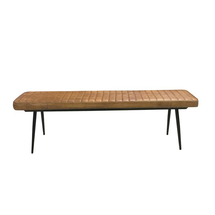 Bench with Tufted Leatherette Seat and Metal Legs, Brown-Benzara