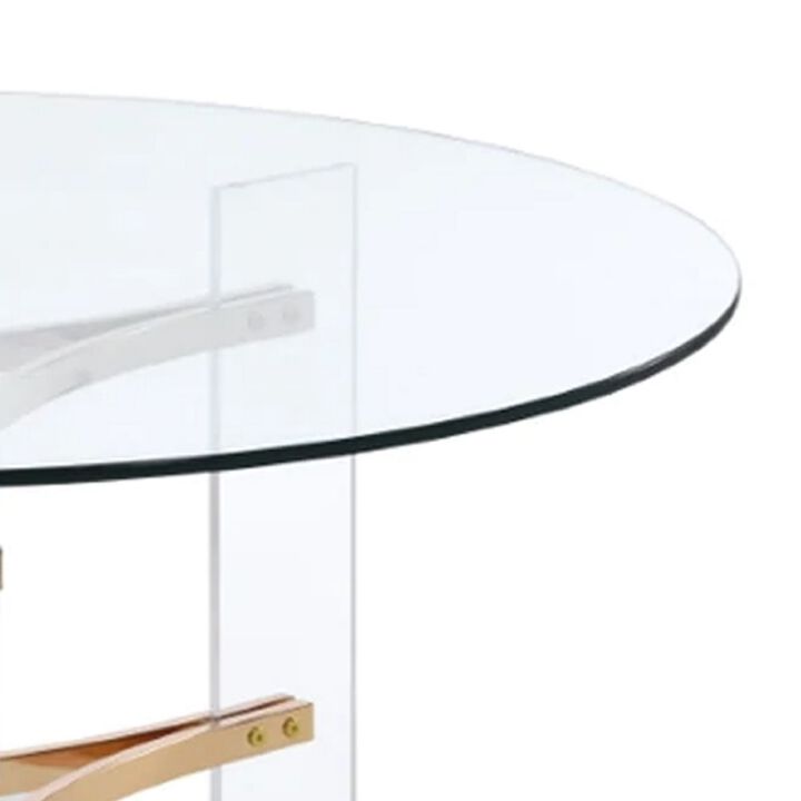 Hale 41 Inch Round Coffee Table, Glass Top, Acrylic Legs, Clear, Gold-Benzara