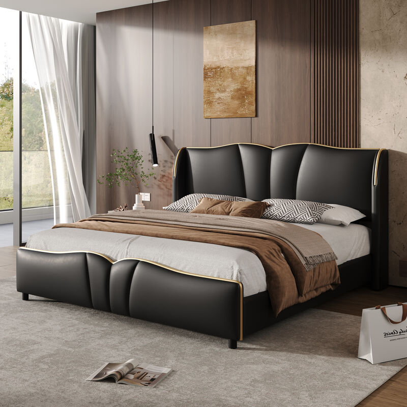 Merax Modern Wingback Platform Bed with Wave-Shaped Headboard & Footboard
