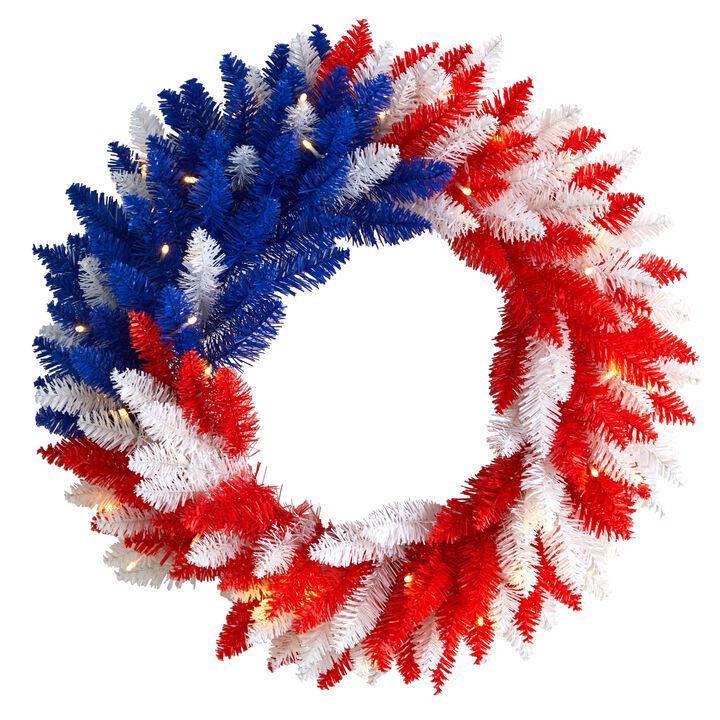 HomPlanti 18" Patriotic Red, White and Blue â€œAmericana" Wreath with 20 Warm LED Lights