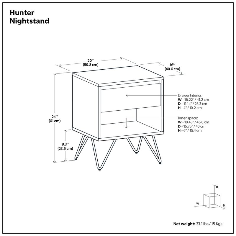 Hunter  20 inch Wide Industrial Modern Nightstand in Walnut