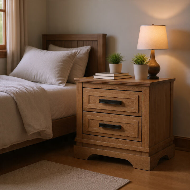 Covy Nightstand, 2 Drawers w Bar Handles, Bracket Feet, Natural Brown