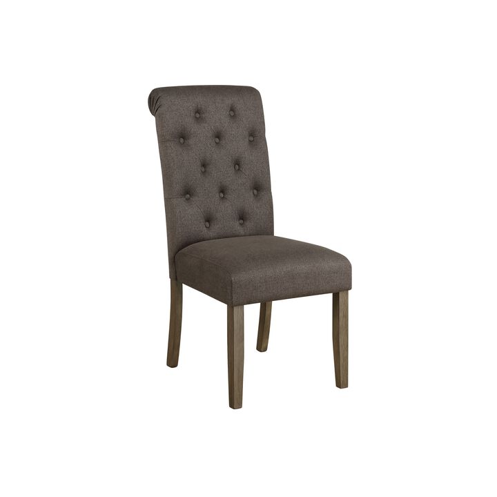 Neli 19 Inch Side Dining Chair, Set of 2, Rolled Button Tufted Back, Brown - Benzara