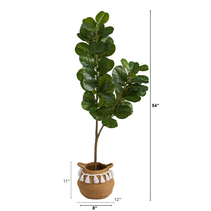 HomPlanti 4.5 Feet Fiddle Leaf Fig Artificial Tree with Boho Chic Handmade Natural Cotton Woven Planter with Tassels