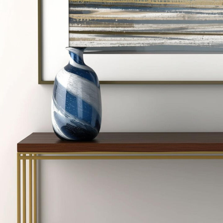 HomeRoots 13" Blue And White Striped Swirl Art Glass Table Vase