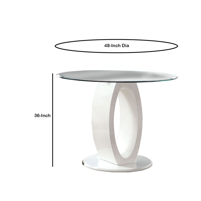 Round Glass Top Counter Height Table with Oval Shaped Base, White-Benzara