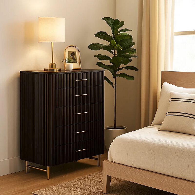 Jeh Tall Dresser Chest, 5 Drawers, Espresso Brown Wood and Gold Metal