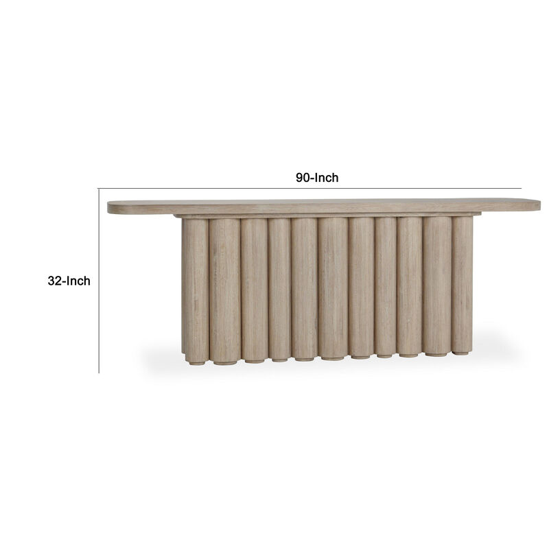 Eris Console Table with Hollow Tube Legs, White Wash Oak Wood 90" - Benzara