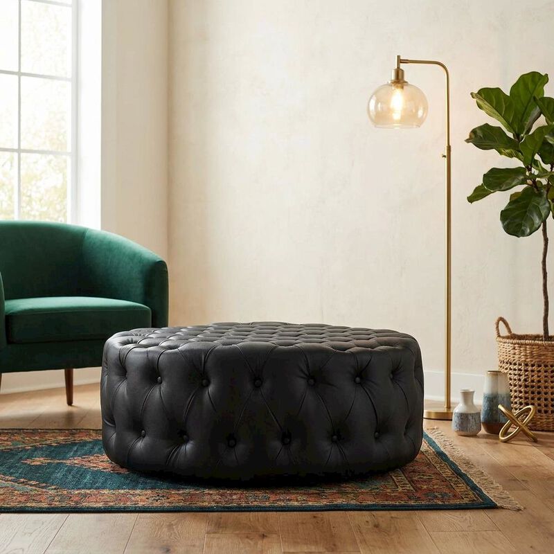 Black Vinyl Ottoman, Contemporary Upholstered Seat for Lounge image number 4