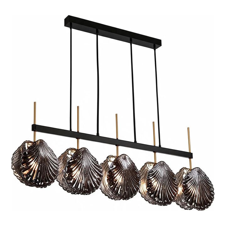 Five-Light Linear Chandelier, Smoky Gray Shell Glass, Black and Gold