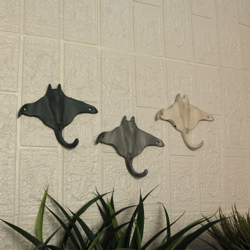 Set of 3 Cast Iron Stingray Wall Hooks 6.25 Inches Long&ndash; Easy to Hang - Blue ,Gray, White - Coastal Decor Perfection for Beach Towels, Keys or Coats image number 4