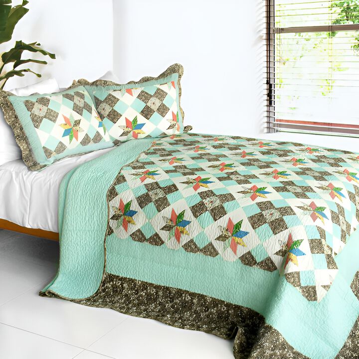 Vermicelli Quilted Cotton Printed Quilt Set Queen Size Deep in My Heart Design Set