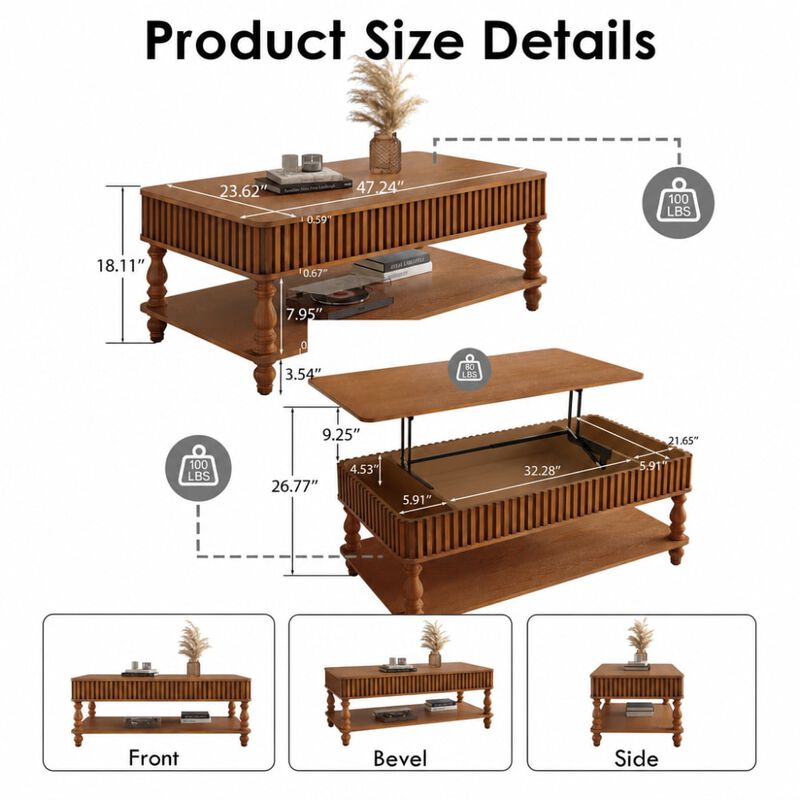 GOODSILO 47.24 Inch Lift Top Coffee Table, Solid Wood Construction, Tool-Free Assembly, Fluted Details, Roman Legs, Dual Storage for Living Room Furniture image number 1