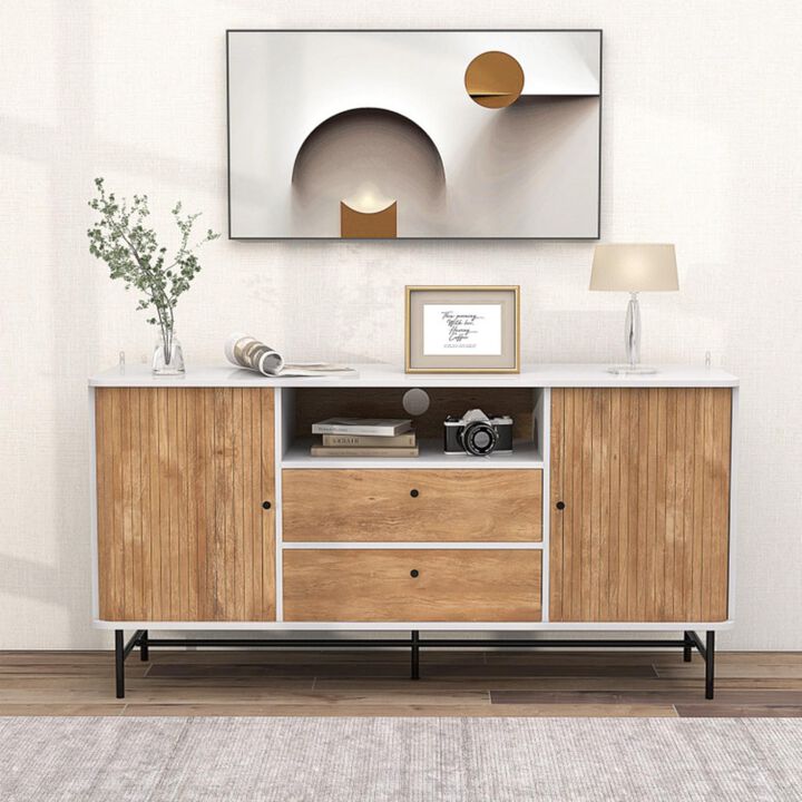 Hivvago Mid Century Modern Buffet Sideboard with Sliding Tambour Doors and 2 Storage Drawers