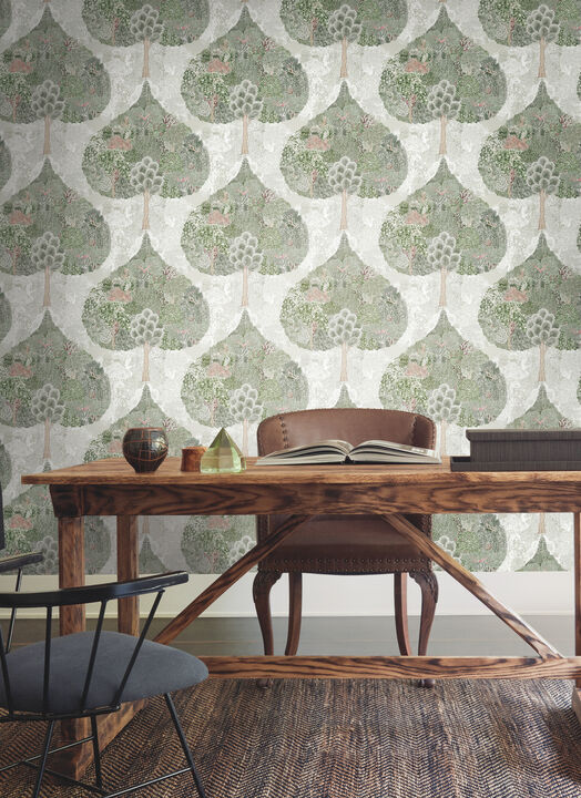 Mystic Forest Green & Coral Wallpaper