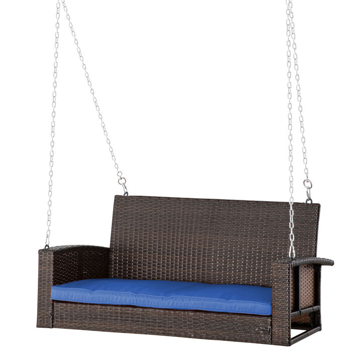 Outsunny 2 Person Wicker Hanging Swing Bench, Front Porch Swing Outdoor Chair with Cushions 550 lbs. Weight Capacity for Backyard, Garden, Blue