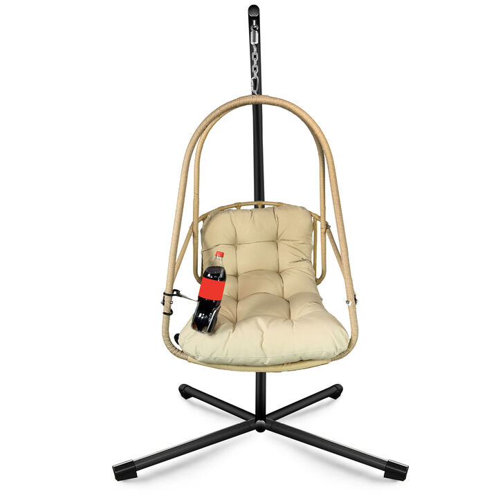 WOW PIONEER Indoor Outdoor Wicker Rattan Swing Egg Chair with Stand, Foldable Hanging Basket Lounge Chair with Cushion, Pillow, Removable Guardrail and Cup Holder