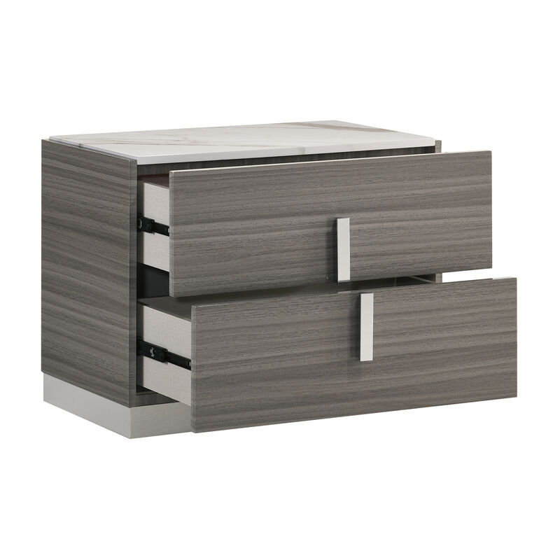 Altima Maple Nightstand with Faux Carrara Marble Top, Chrome Pulls and Floating Base image number 1