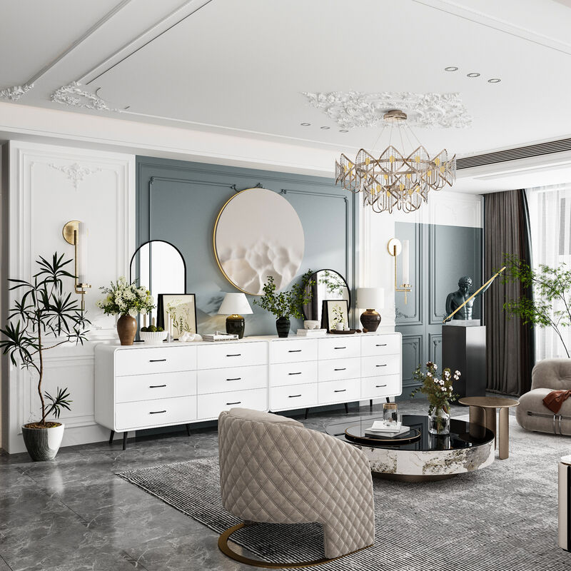 FUFU&GAGA Modern 15-Drawer Dresser with Sleek Black Handles (117.9" W x 15.7" D x 30.7" H), White