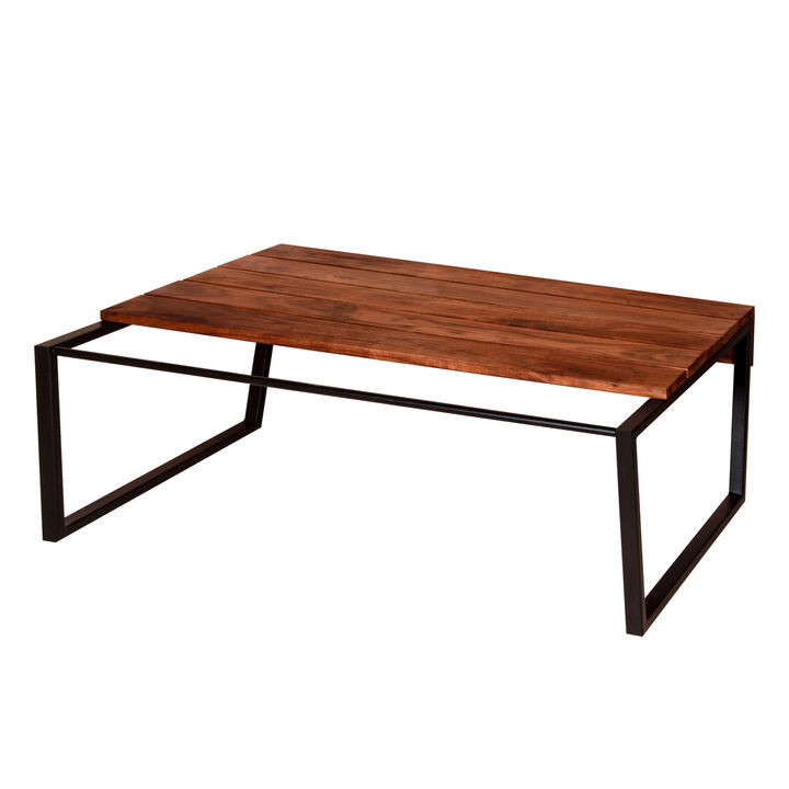41.7 Inch Rectangular Coffee Table with Plank Style Top, Metal Frame, Brown and Black-Benzara