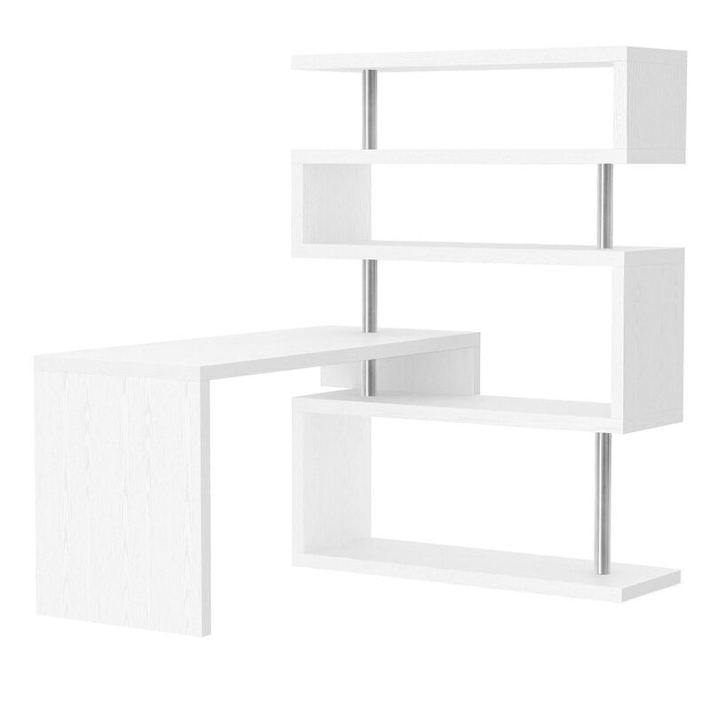 Versatile Office Hub: White 5-Tier L-Shaped 360° Rotating Desk with Shelves