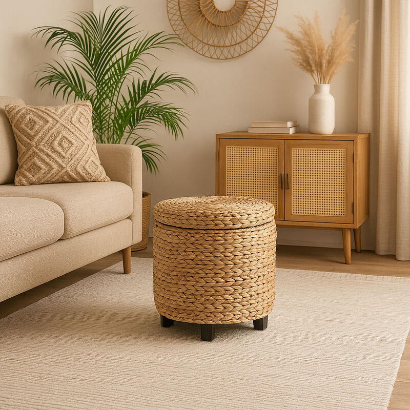 Addie 17.72" Modern Coastal Handwoven Water Hyacinth Storage Ottoman with Lid