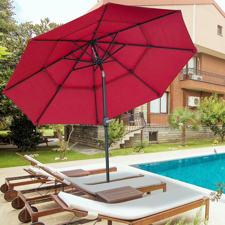 9' 3-Tier Patio Umbrella, Outdoor Market Umbrella with Crank and Push Button Tilt for Deck, Backyard and Lawn, Wine Red