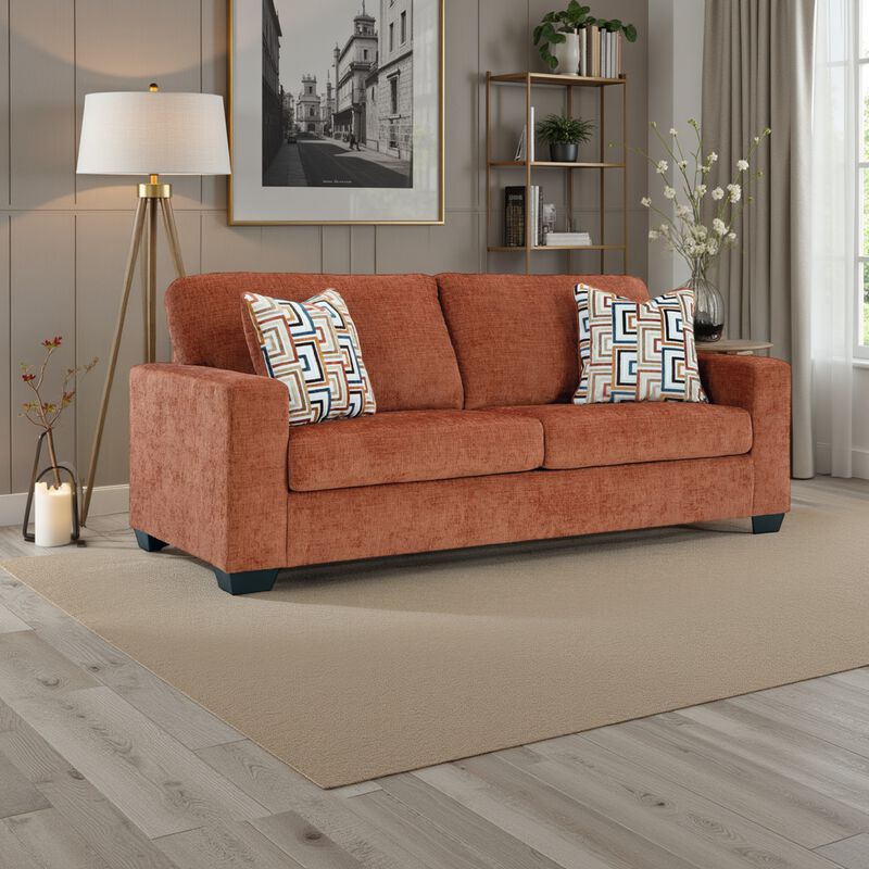 Avie Sofa, 2 Accent Pillows, 85 Inch, Soft Burnt Orange Polyester
