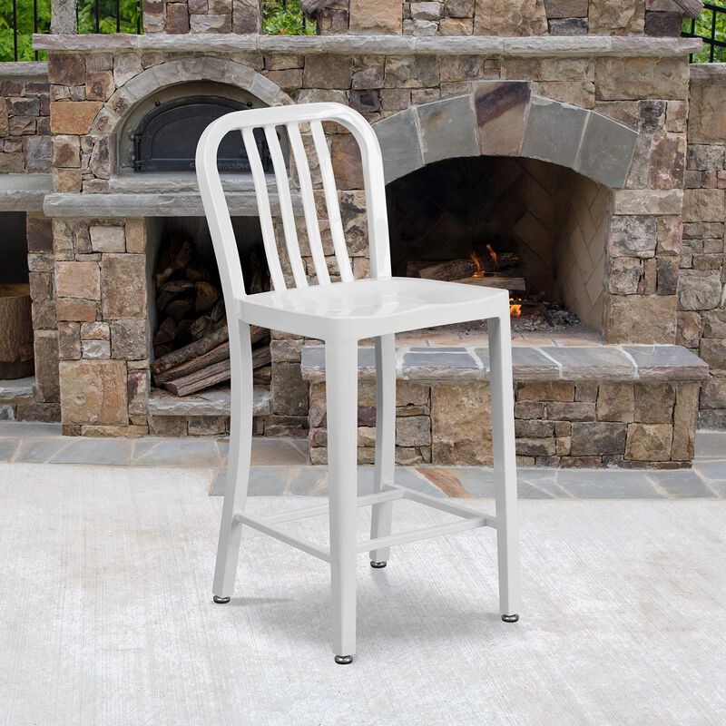 Flash Furniture Commercial Grade 24" High White Metal Indoor-Outdoor Counter Height Stool with Vertical Slat Back image number 1