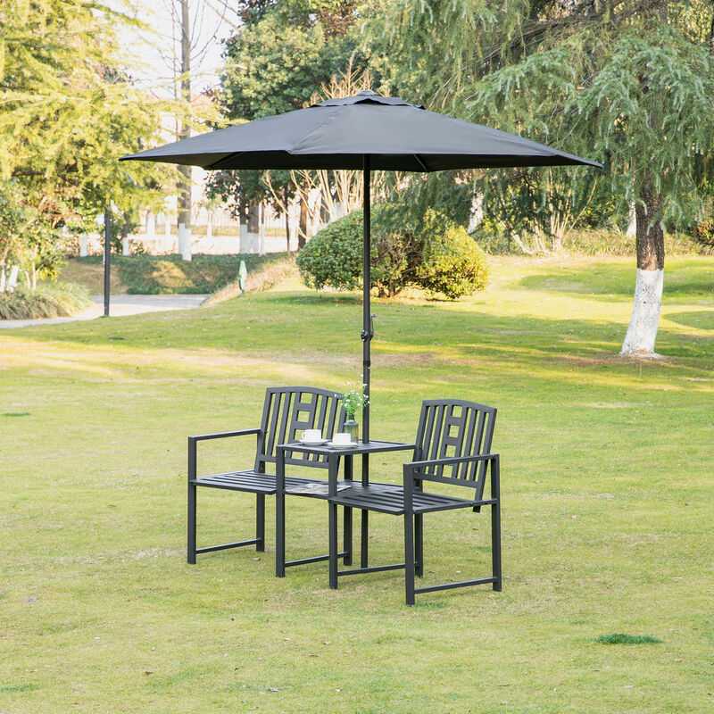 Outsunny Metal Garden Bench with Middle Table and Umbrella Hole, 2-in-1 Double Patio Chairs, Outdoor 2-person Tete-a-Tete, Slatted, Black