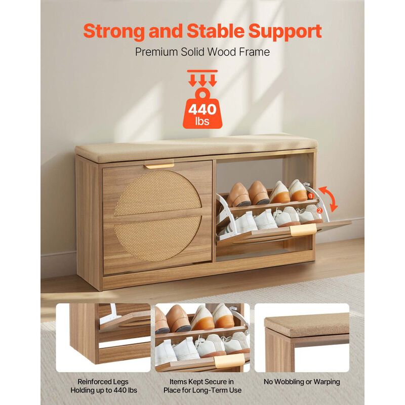 Entryway Shoe Bench with Cushion, Flip Drawers and Rattan Storage Doors image number 6