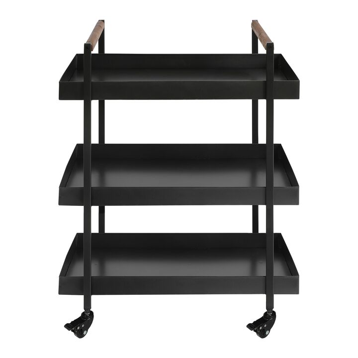 3 Tier Bar Cart with Tray Shelves, Metal Frame, and Raised Edges, Black-Benzara