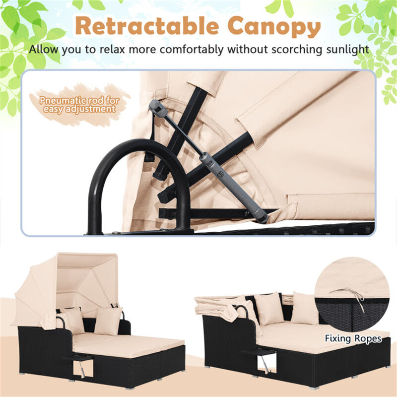 Rattan Daybed Lounge with Retractable Canopy, Side Tables & Cushions image number 5