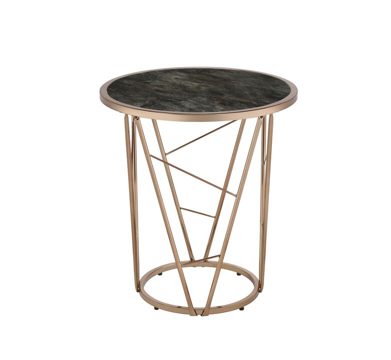 ACME Cicatrix End Table, Faux Black Marble Glass & Champagne Finish