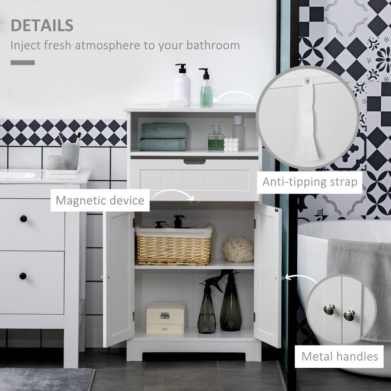 White Bathroom Organizer: Freestanding Cabinet with Drawer & Adjustable Shelf