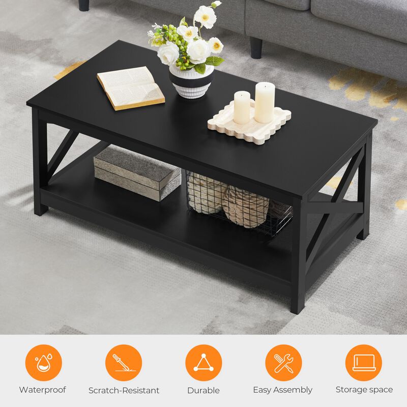 Yaheetech Wood 2-Tier Black Coffee Table with Storage Shelf for Living Room, X Design Accent Cocktail Table, Easy Assembly Home