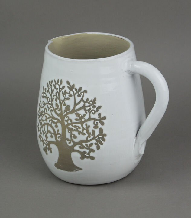 White Ceramic Vintage Finish Family Tree Design Decorative Pitcher