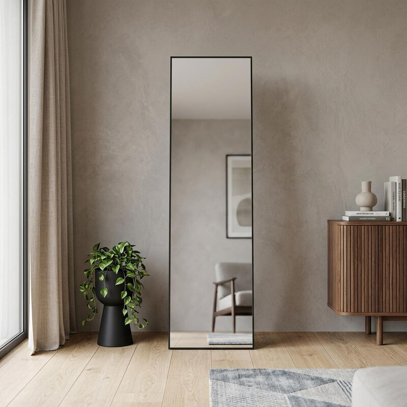 HomeRoots 55" Black Aluminum Freestanding And Wall Mounted Framed Full Length Mirror image number 1