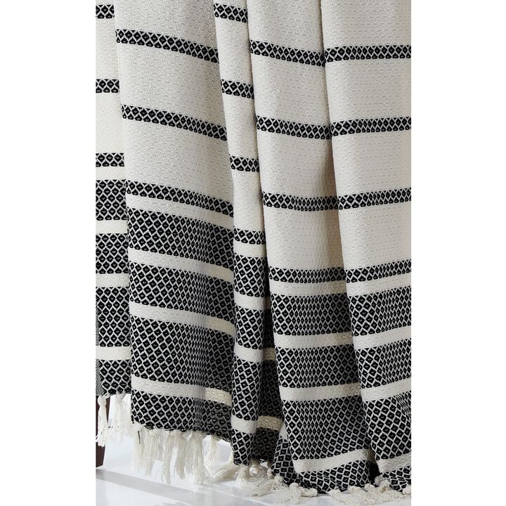 Ida 60 x 70 Throw Blanket with Knitted Cotton, Black and White Stripes-Benzara