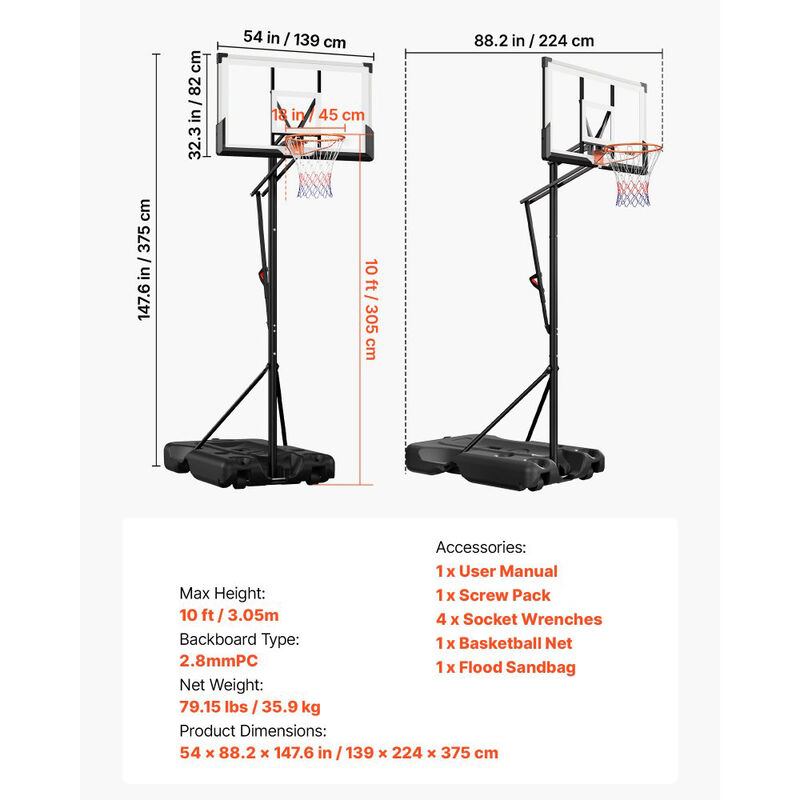 Height Adjustable Basketball Goal with Portable Base, PC Backboard for Driveway & Poolside-Black image number 2