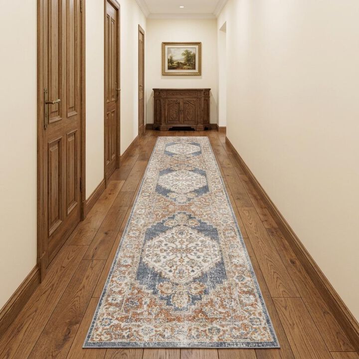 HomeRoots 12' Denim Blue Oriental Power Loom Distressed Washable Runner Rug
