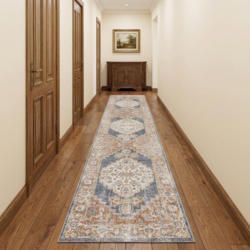 HomeRoots 12' Denim Blue Oriental Power Loom Distressed Washable Runner Rug image number 1