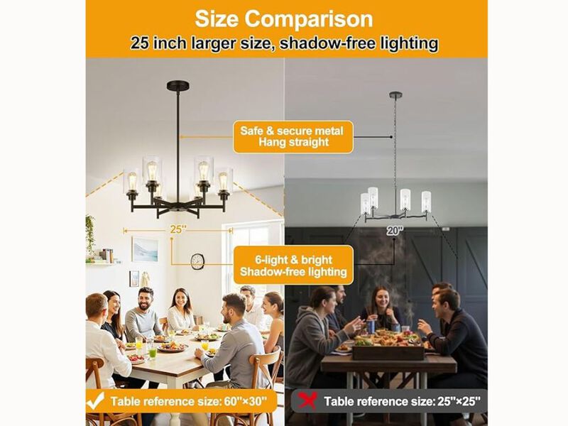 6-Light Black Farmhouse Chandelier – Clear Glass Pendant for Dining Room, Kitchen Island & Living Spaces (E26 Base)