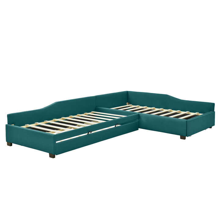 Whisen 120" Double Twin Size Daybed with Trundle and Drawer, Plywood Frame Upholstered Sofa Bed for Living Room