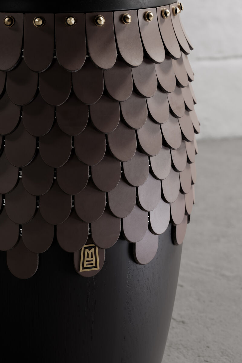 SITIERA_01 Solid Wood Stool, with Brown Thick Leather Accents, and Aged Bronze by ANDEAN, In Stock