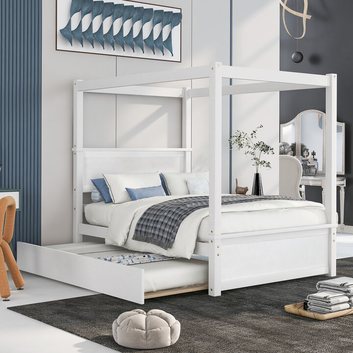 Merax Full Size Canopy Bed with Pull-out Trundle Bed
