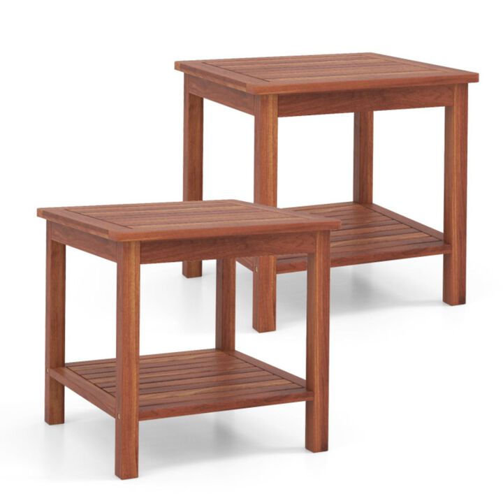 Hivvago Double-Tier Acacia Wood Patio Side Table with Slatted Tabletop and Shelf