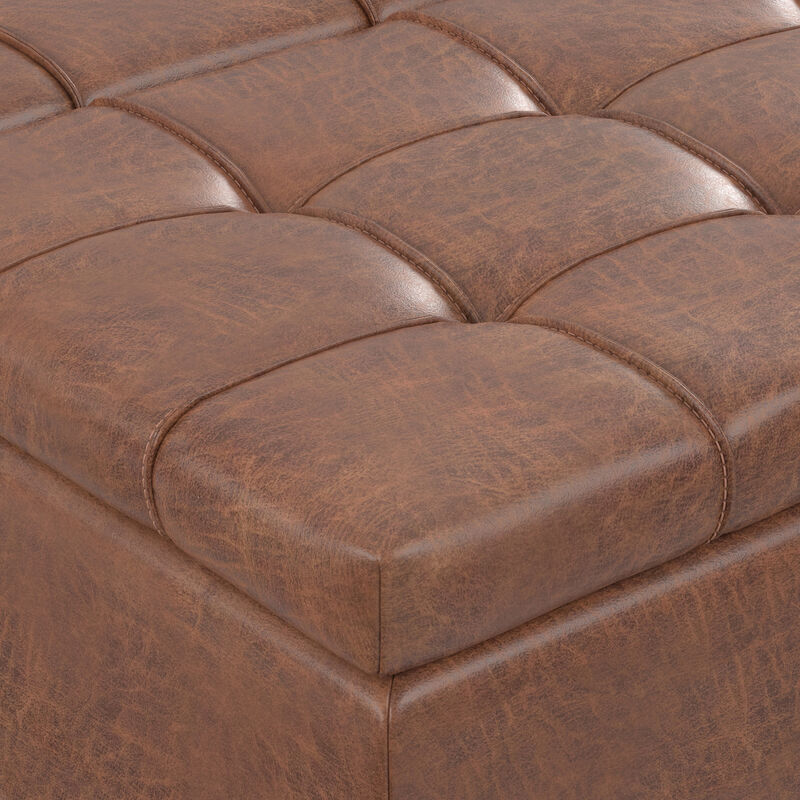 Laura 36 inch Wide Mid Century Square Mid&nbsp;Century&nbsp;Lift Top&nbsp;Storage Ottoman in Distressed Saddle Brown  Vegan Faux Leather, Assembled image number 8