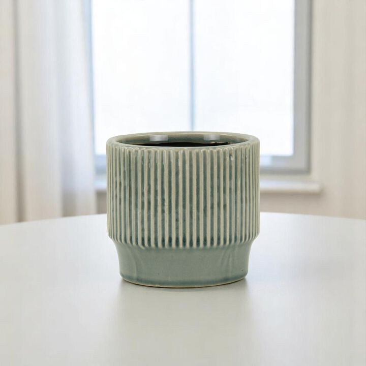 HomeRoots Blue Ceramic 22 Ounce Striped Round Distressed Pot Planter
