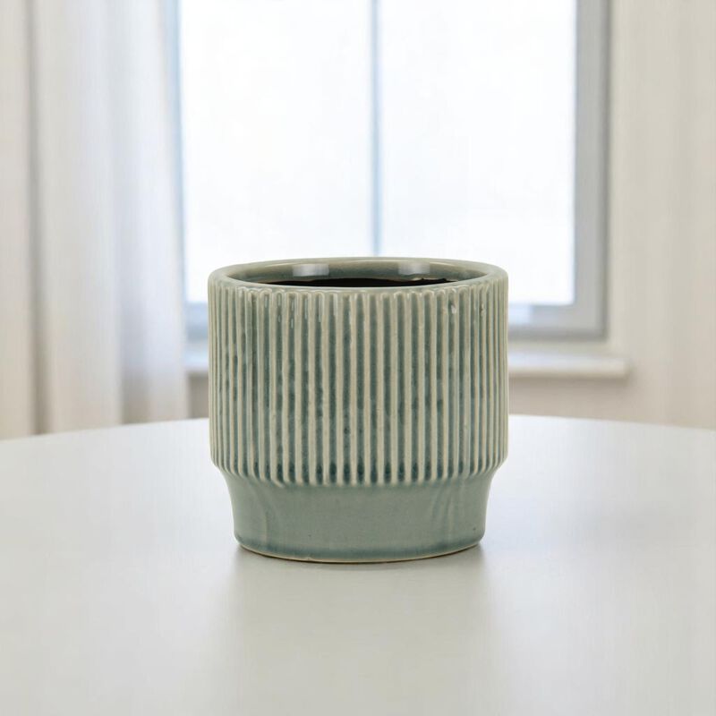HomeRoots Blue Ceramic 22 Ounce Striped Round Distressed Pot Planter image number 1